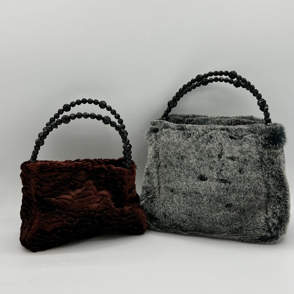 Y2K Inspired Faux Fur Handbag 2pc Set Brown Grey Beaded Handle Plush Bags